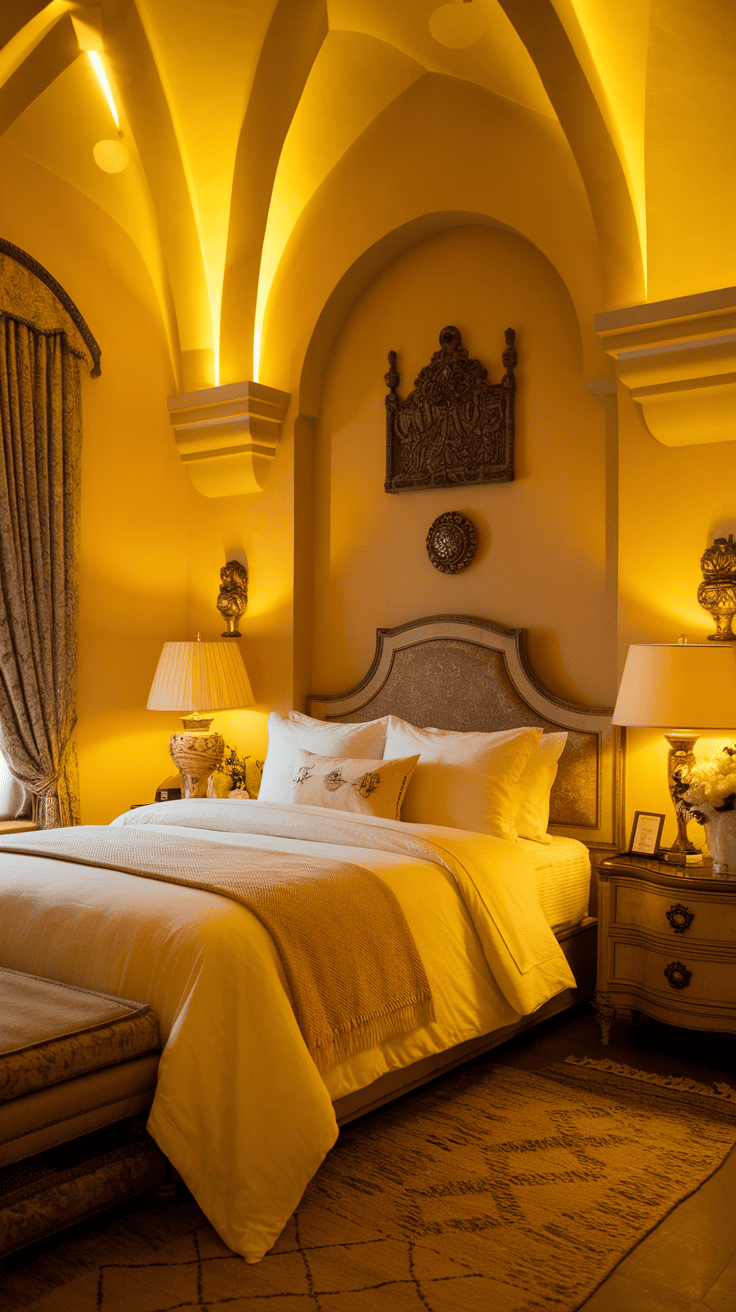 Cozy bedroom with yellow lighting bodies.