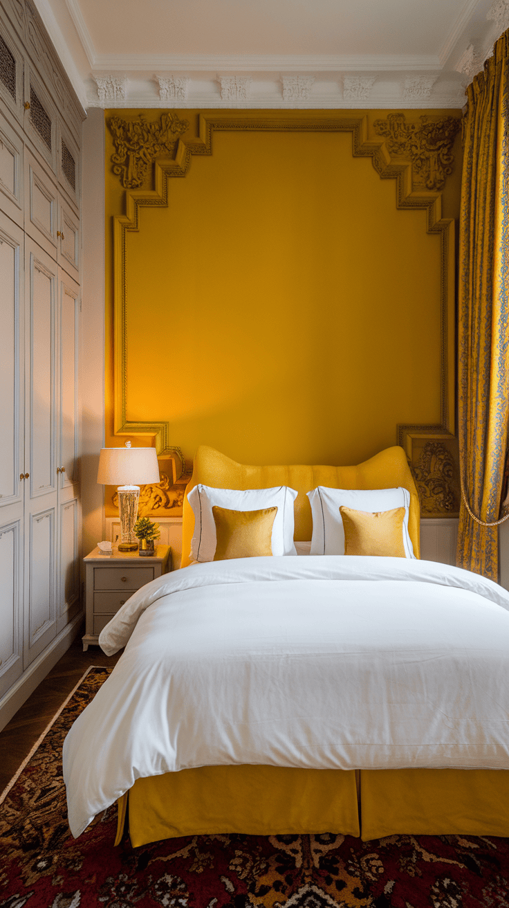 A cozy bedroom with a brave yellow accent wall with a plush bed and decorative elements.