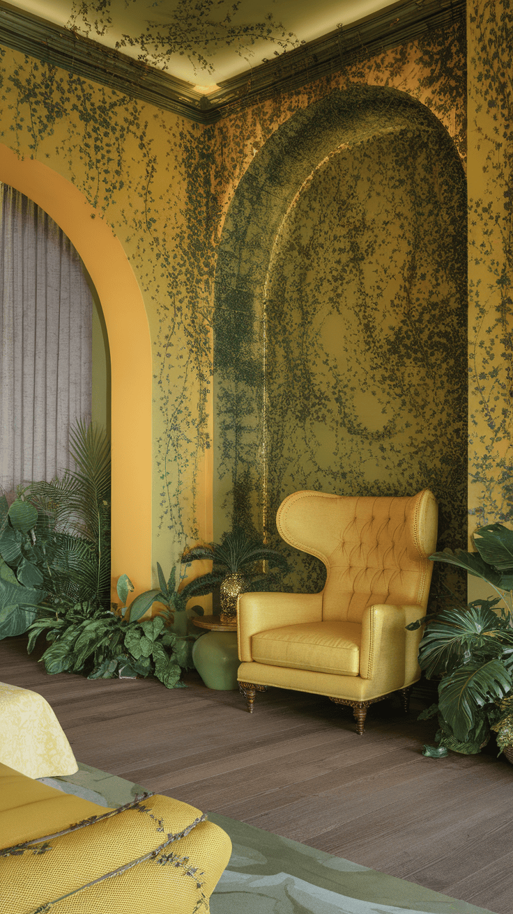 A cozy bedroom with yellow bed linen and green walls surrounded by plants.