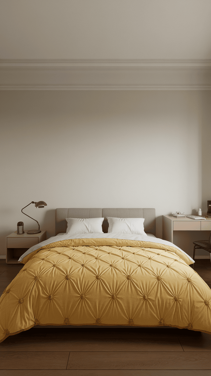 A minimalist bedroom with yellow decorative elements with white bed, yellow accents and simple furniture.