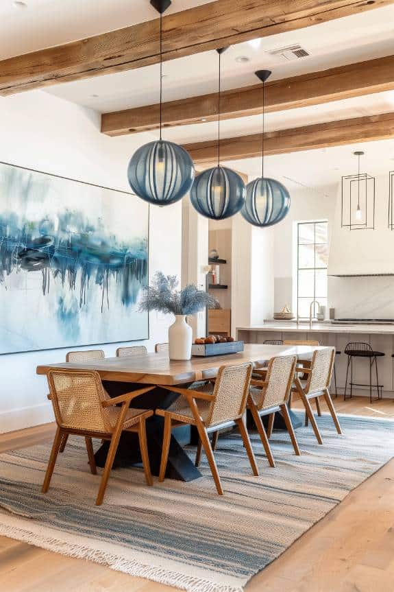 Modern dining room with a wooden table with six chairs, three hanging lights, large abstract works of art and an adjacent open kitchen.