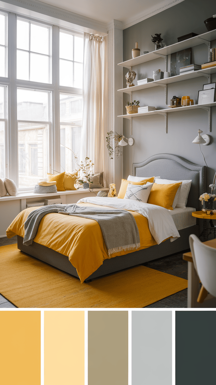 A light bedroom with large windows that enables natural light to illuminate the yellow and gray decor.