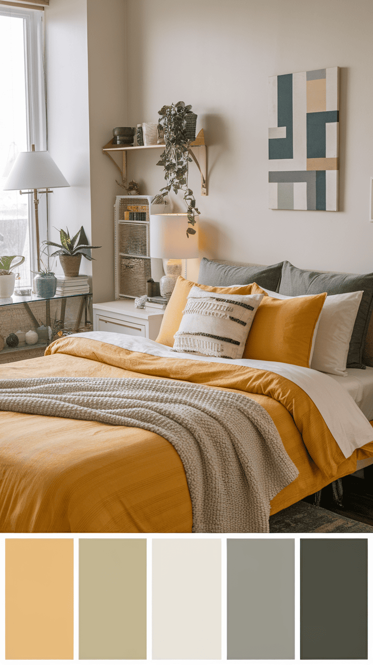 Cozy bedroom with warm yellow and neutral bed linen with plants and decorative elements.