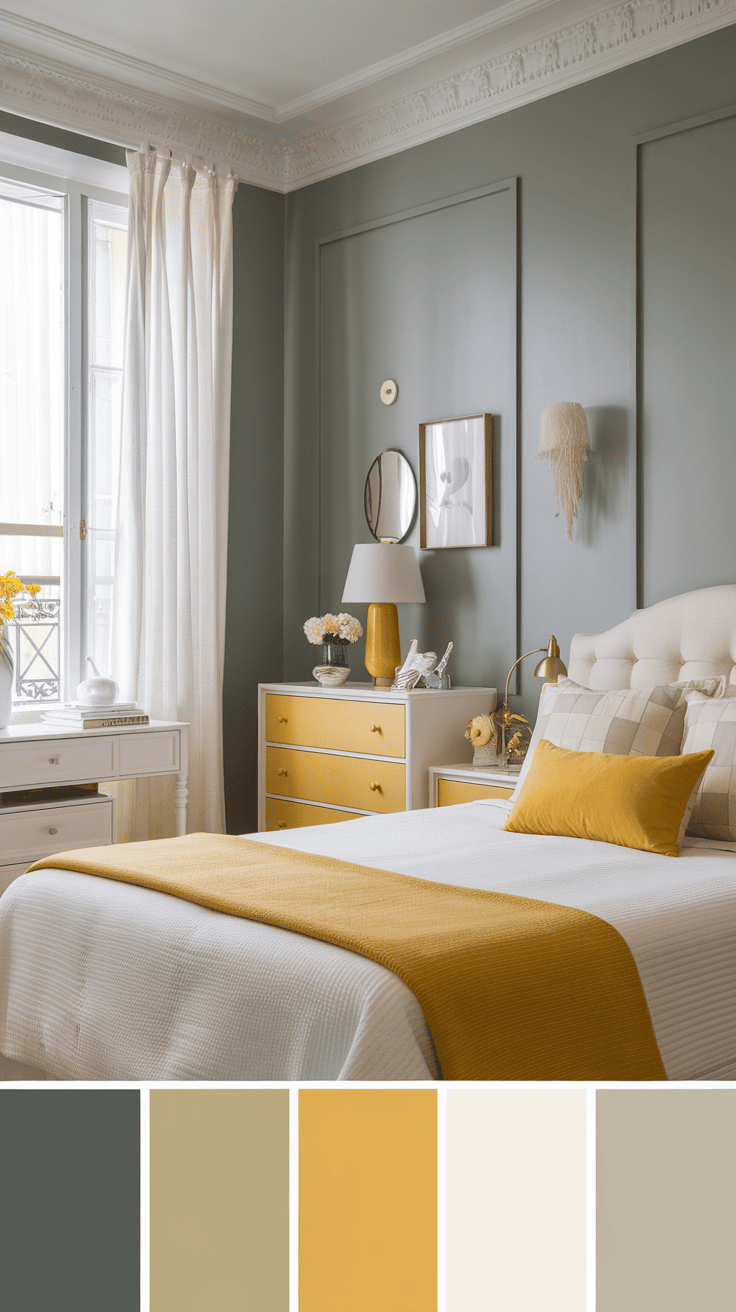 A well -decorated bedroom with soft gray walls, a white, quilted bed skin and yellow accents.