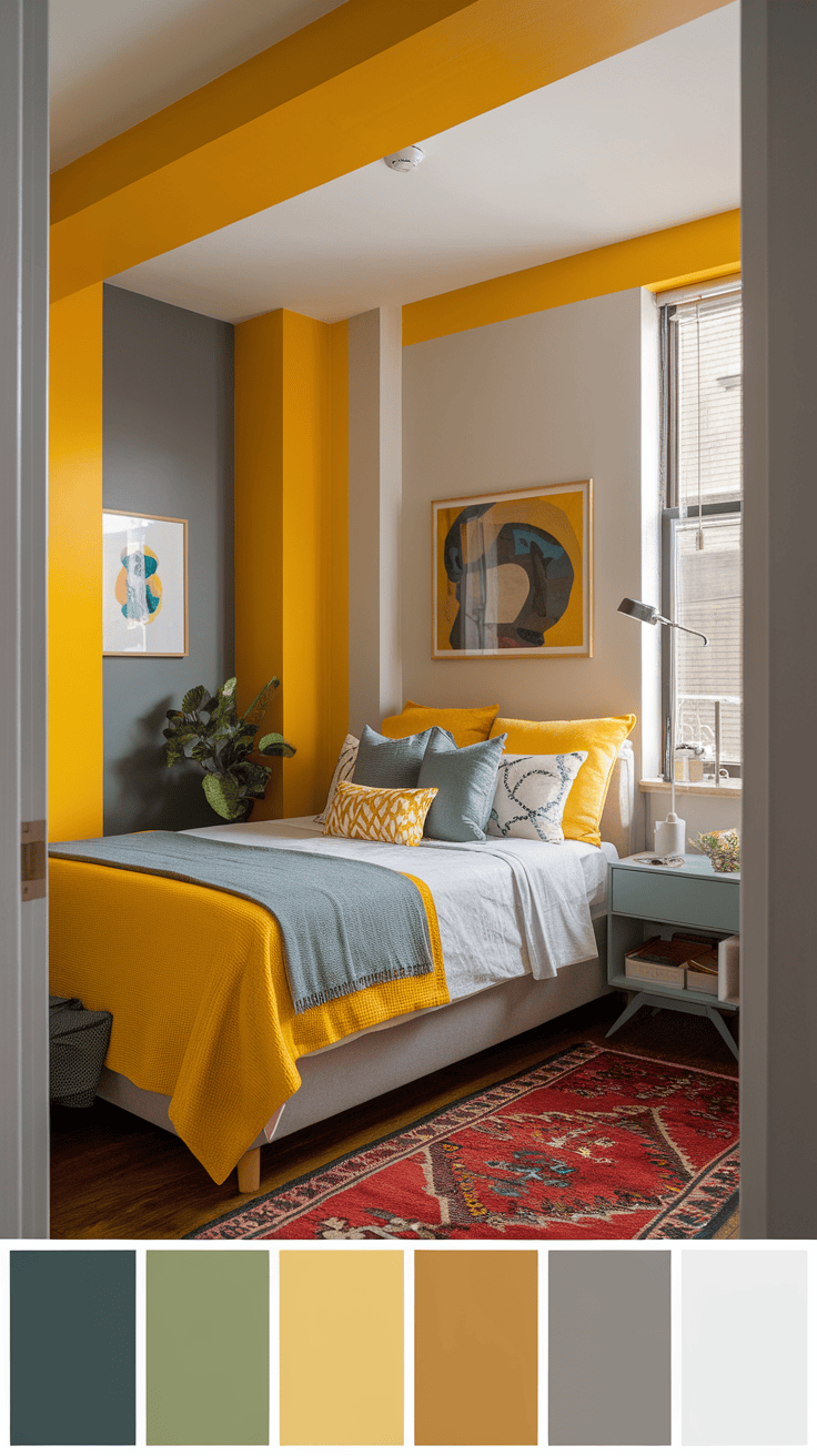 A cozy bedroom with sunny yellow accents with a mixture of earthy tones.