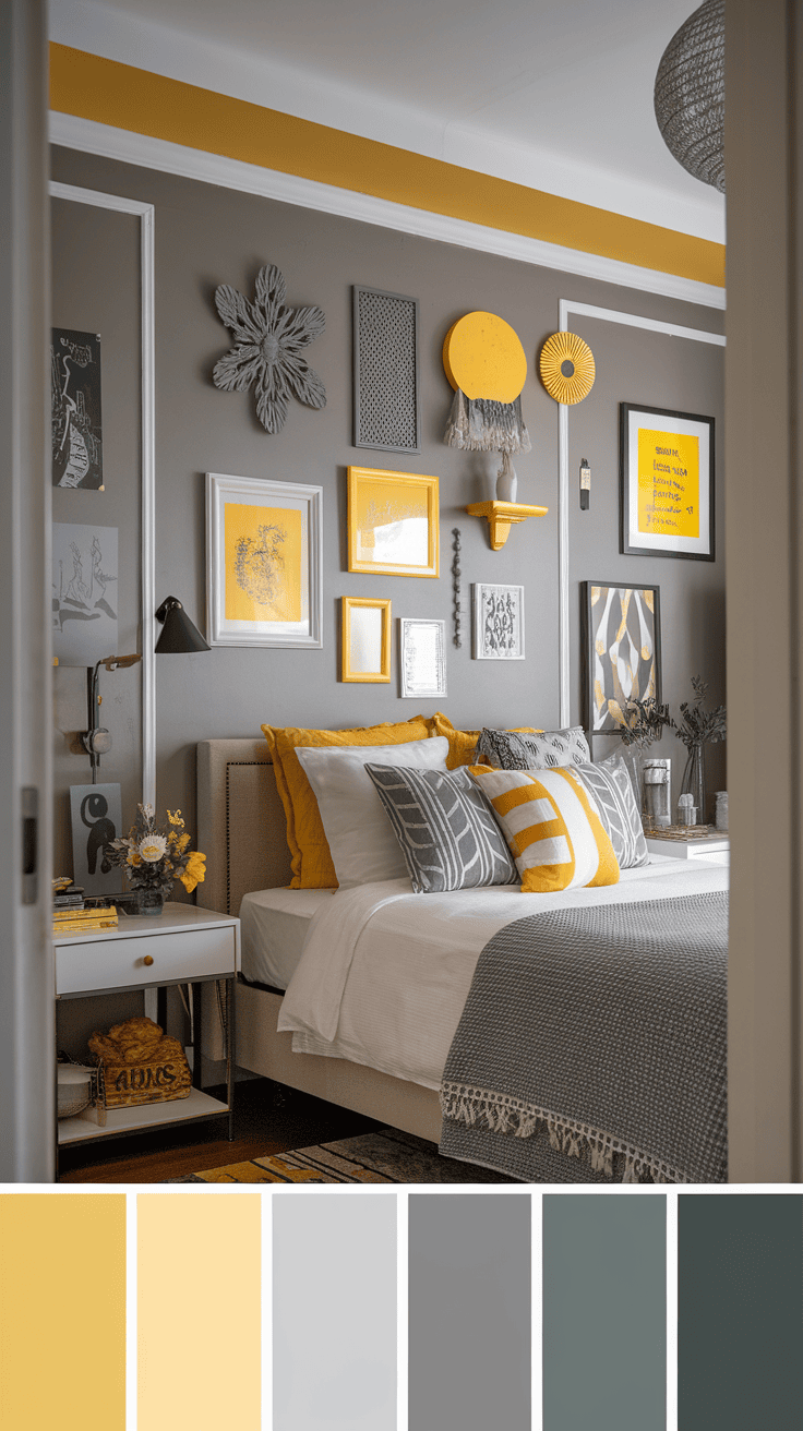 A cozy bedroom with yellow -gray wall decoration with different tricks and pillows.