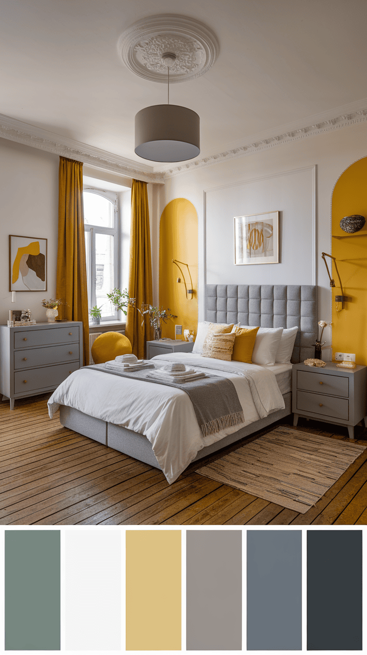 A stylish bedroom with gray furniture, bright yellow accents and a cozy atmosphere.