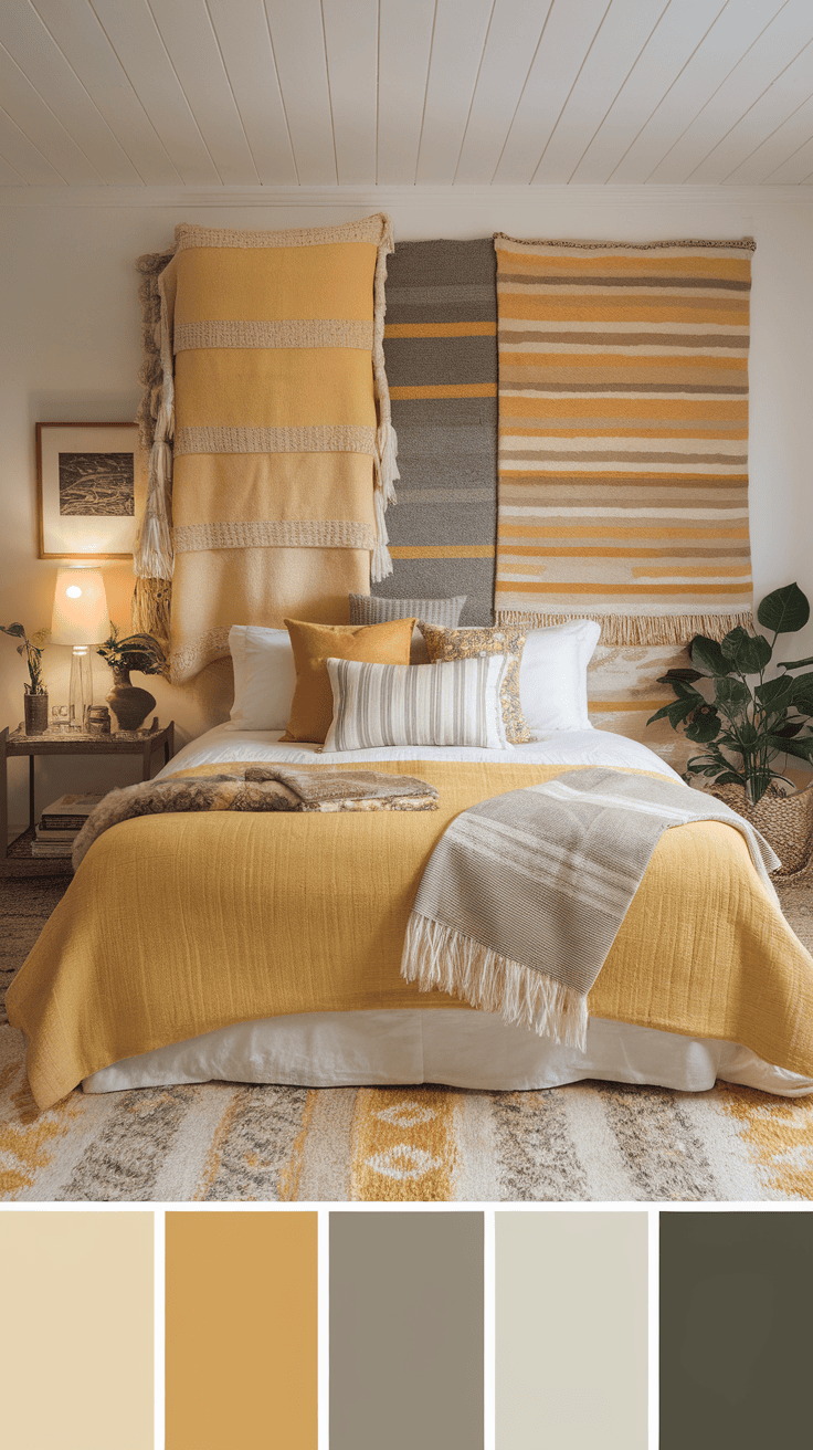 A cozy bedroom with layered textures with warm colors and soft fabrics.