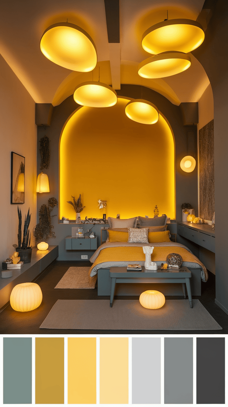 A cozy bedroom with warm yellow lighting bodies that create a calming atmosphere.