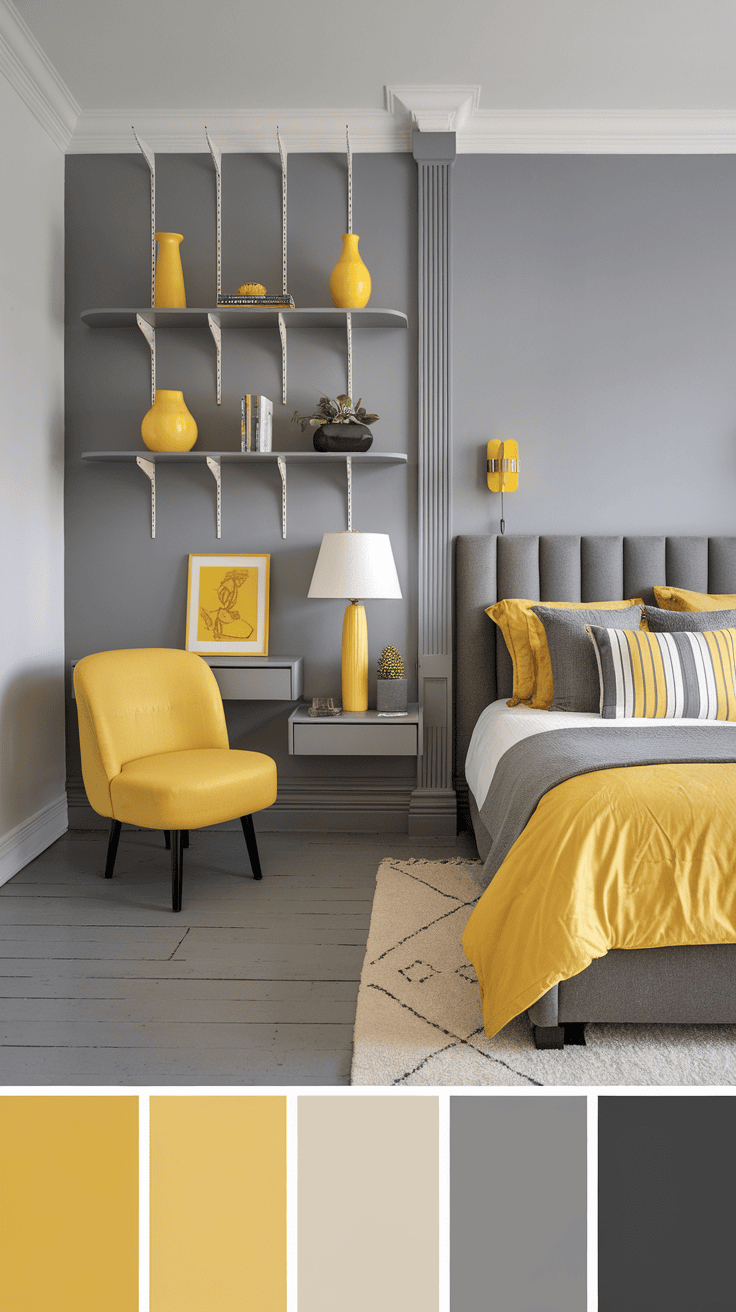 A stylish bedroom with functional storage solutions with a yellow topic