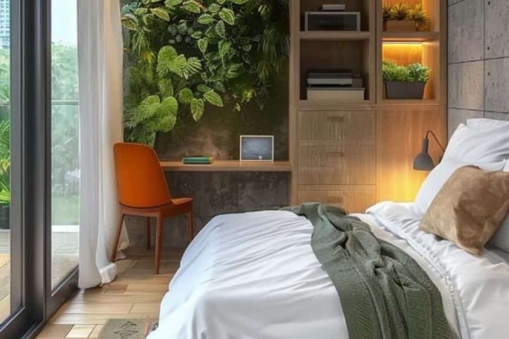 Green thumb and plant lovers bring life with a vertical garden that increases and combines nature with the cosiness of a compact bedroom.