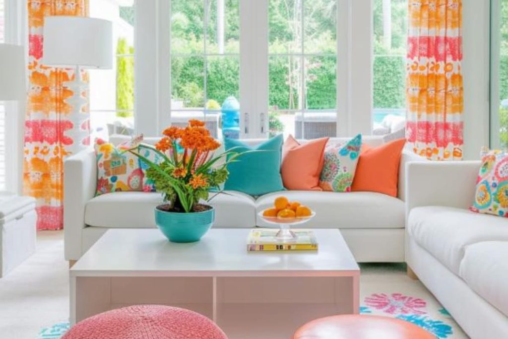 Playful accents in colors of the summer train offer a bright and refreshing palette for a family's coffee table.