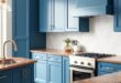 Elegant Harmony: The Perfect Blend of Blue Kitchen Cabinets and Brown Granite