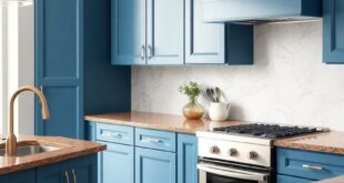 Elegant Harmony: The Perfect Blend of Blue Kitchen Cabinets and Brown Granite