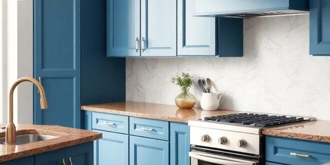 Elegant Harmony: The Perfect Blend of Blue Kitchen Cabinets and Brown Granite