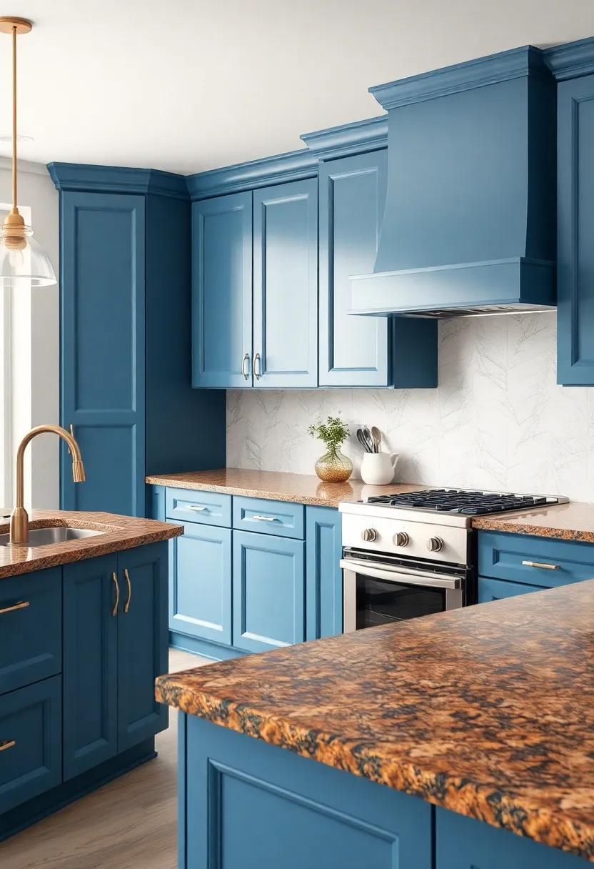 Elegant Harmony: The Perfect Blend of Blue Kitchen Cabinets and Brown Granite