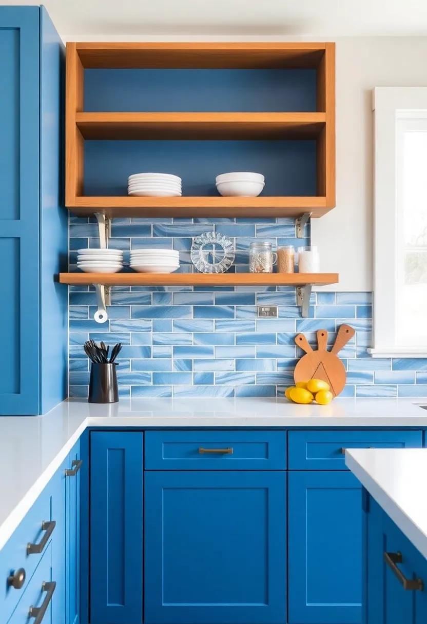 Open Shelving Ideas: Showcasing Backsplashes Behind ⁤Blue Cabinets