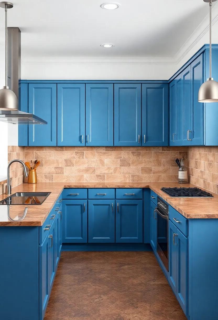 Elegant ⁤Blue‍ Kitchen⁣ Cabinets in a ⁤Warm brown Granite Setting