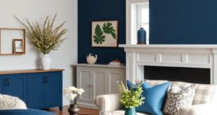 Transform Your Farmhouse Living Room with Deep Navy Blue Accents and Charm