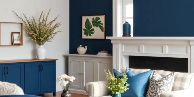 Transform Your Farmhouse Living Room with Deep Navy Blue Accents and Charm