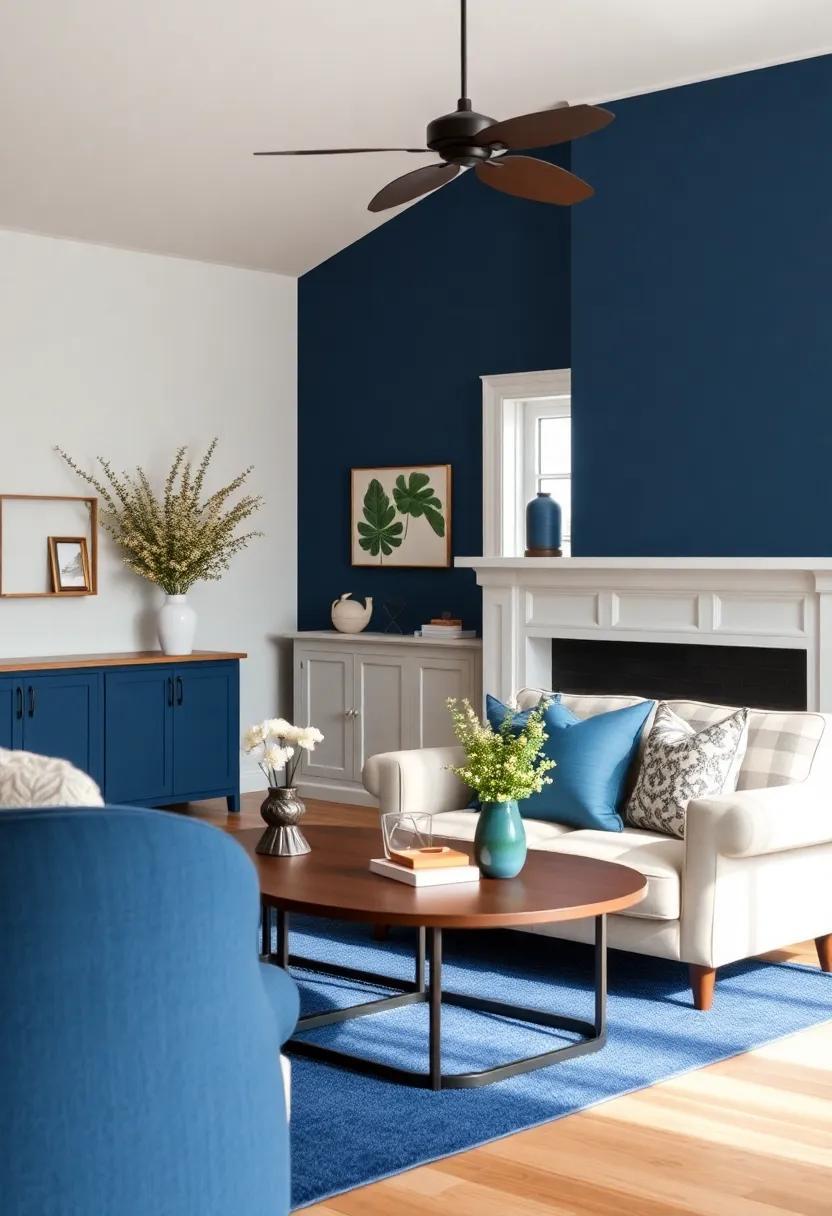 Transform Your Farmhouse Living Room with Deep Navy Blue Accents and Charm