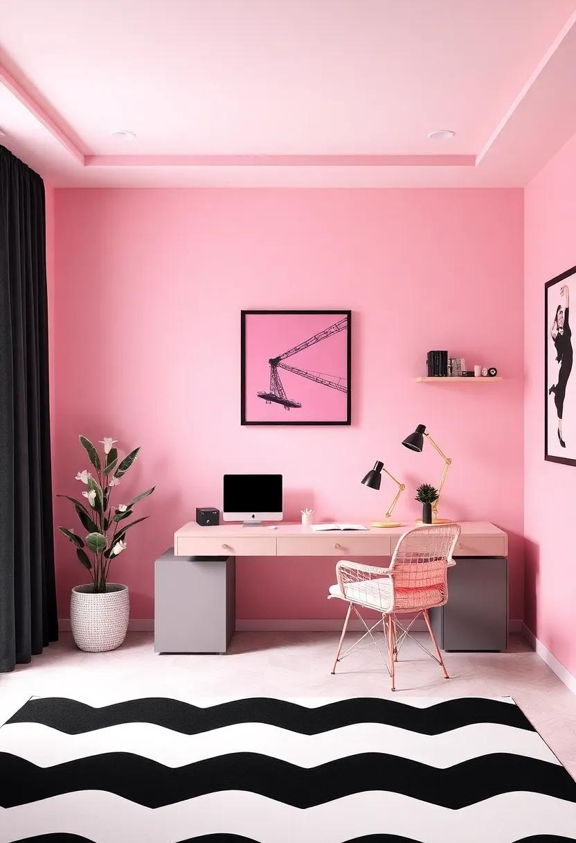 incorporating Functional⁤ Spaces: Study ‍Areas with Black⁣ and Pink ⁤Flair