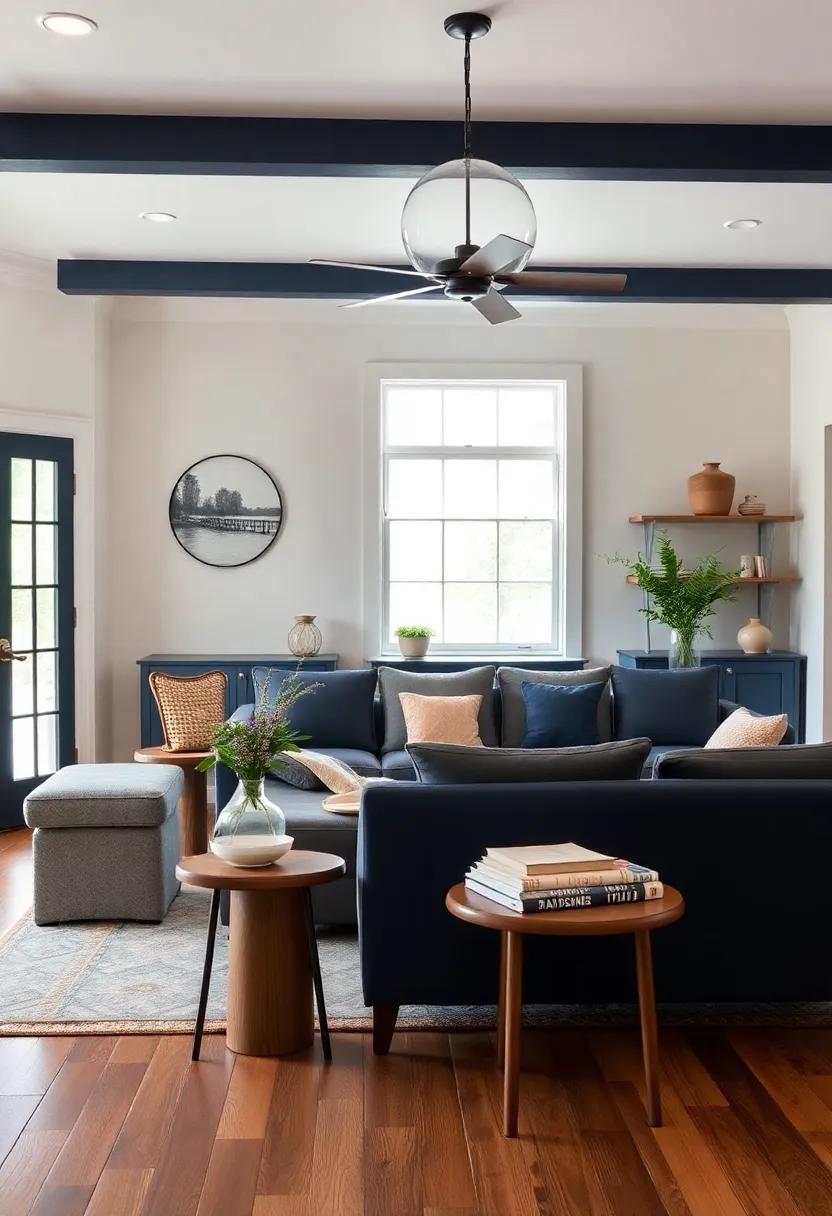 Stylish Lighting‌ Solutions Featuring Deep Navy ‍Blue Fixtures And Warm Undertones