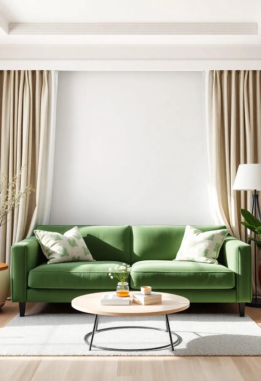 Showcasing‍ Your ​Green Couch with Complementary Curtains and drapery