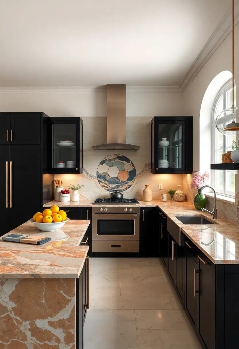 Indulge in ‌the luxurious feel of a kitchen defined by intricate Art Deco motifs, highlighted ⁤by rich‌ burgundy marble countertops⁢ that⁤ add depth and character to the overall design