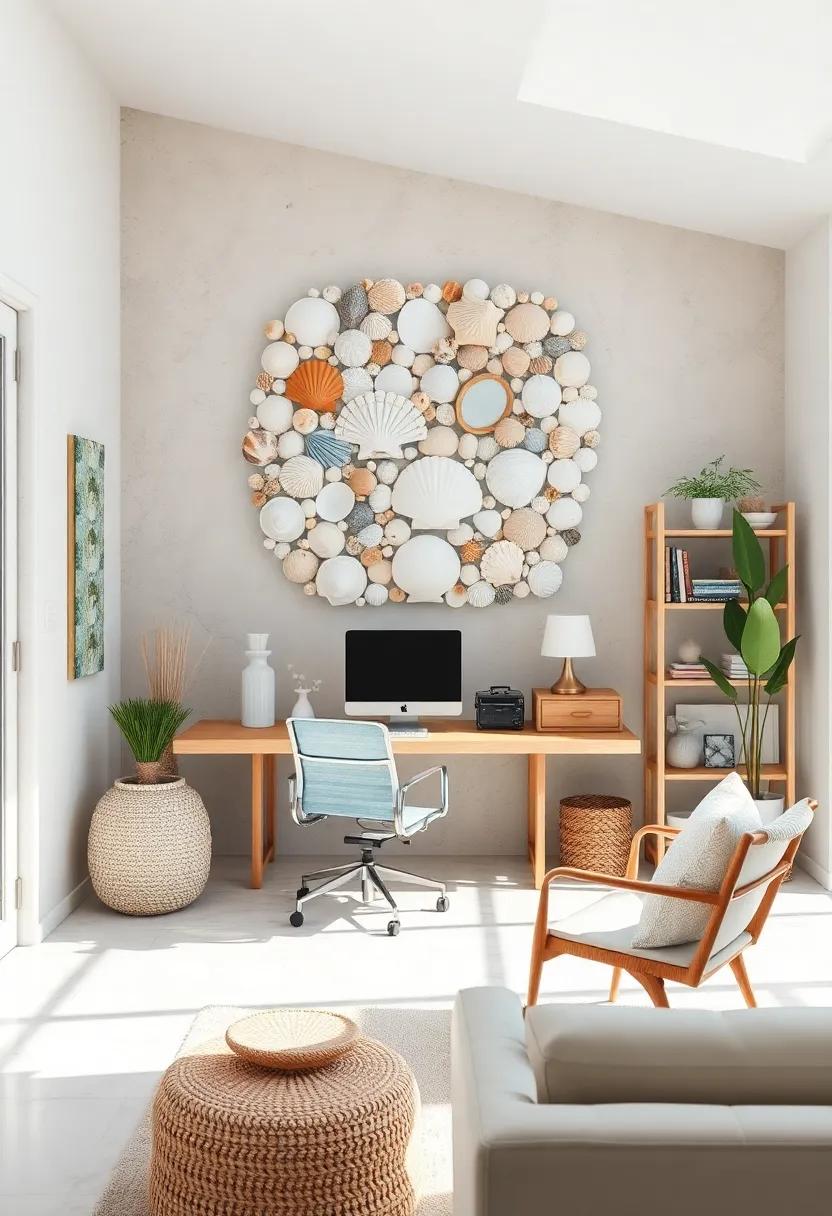 A Tranquil Escape: This sunlit workspace features a seashell collage that doubles as⁣ stunning⁢ wall art, inspiring creativity with each ‍glance