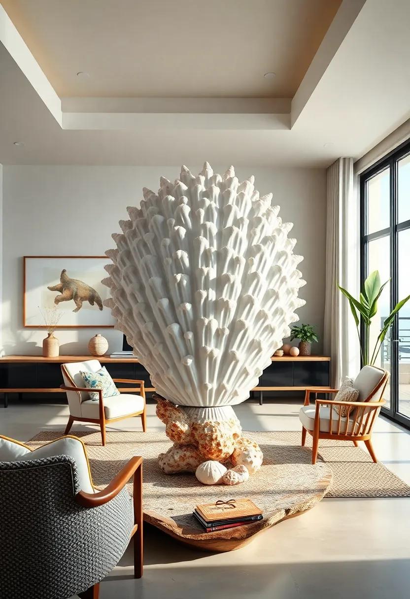 Shell ⁣Statement: A large, eye-catching shell ‍sculpture⁣ serves⁤ as ⁤a focal point in ⁣this workspace, reminding the ⁣occupant of the beauty⁢ of nature’s design