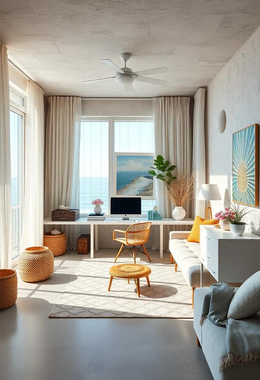 Beachfront Bookends: Seashell-inspired bookends frame a​ collection of coastal literature, blending style with ‌functionality in this charming ​office