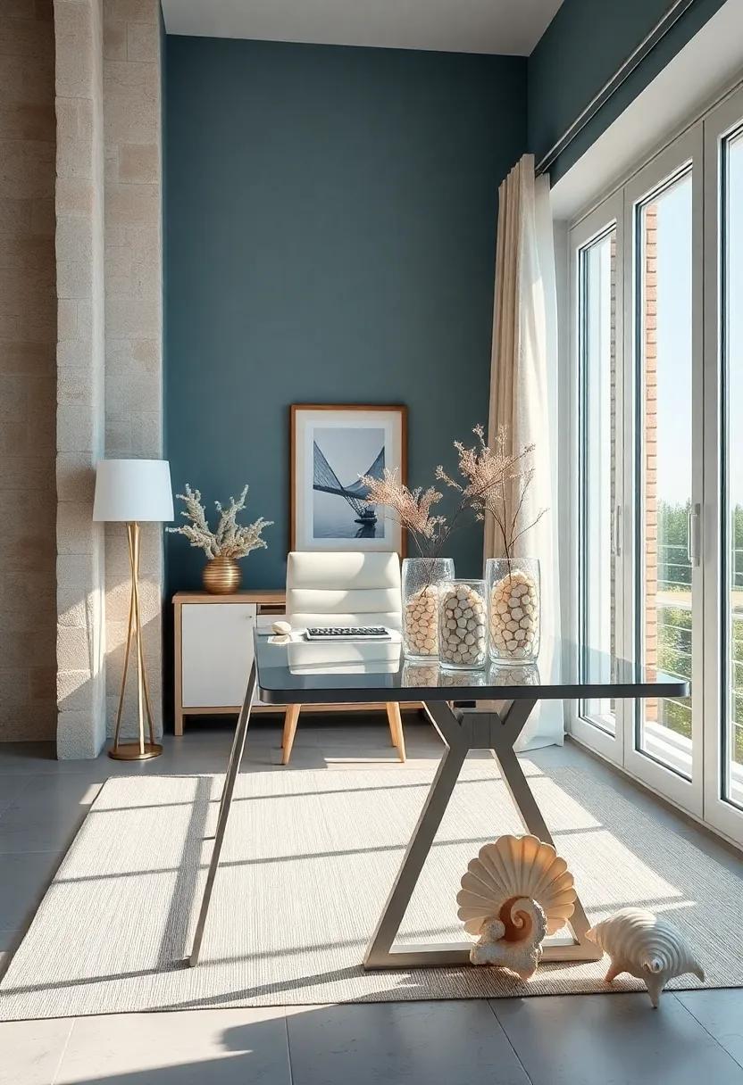 Coastal Chic: A​ sleek desk paired with elegant seashell vases adds a⁣ touch⁤ of luxury,‍ proving that even a work environment can reflect ⁢a seaside retreat