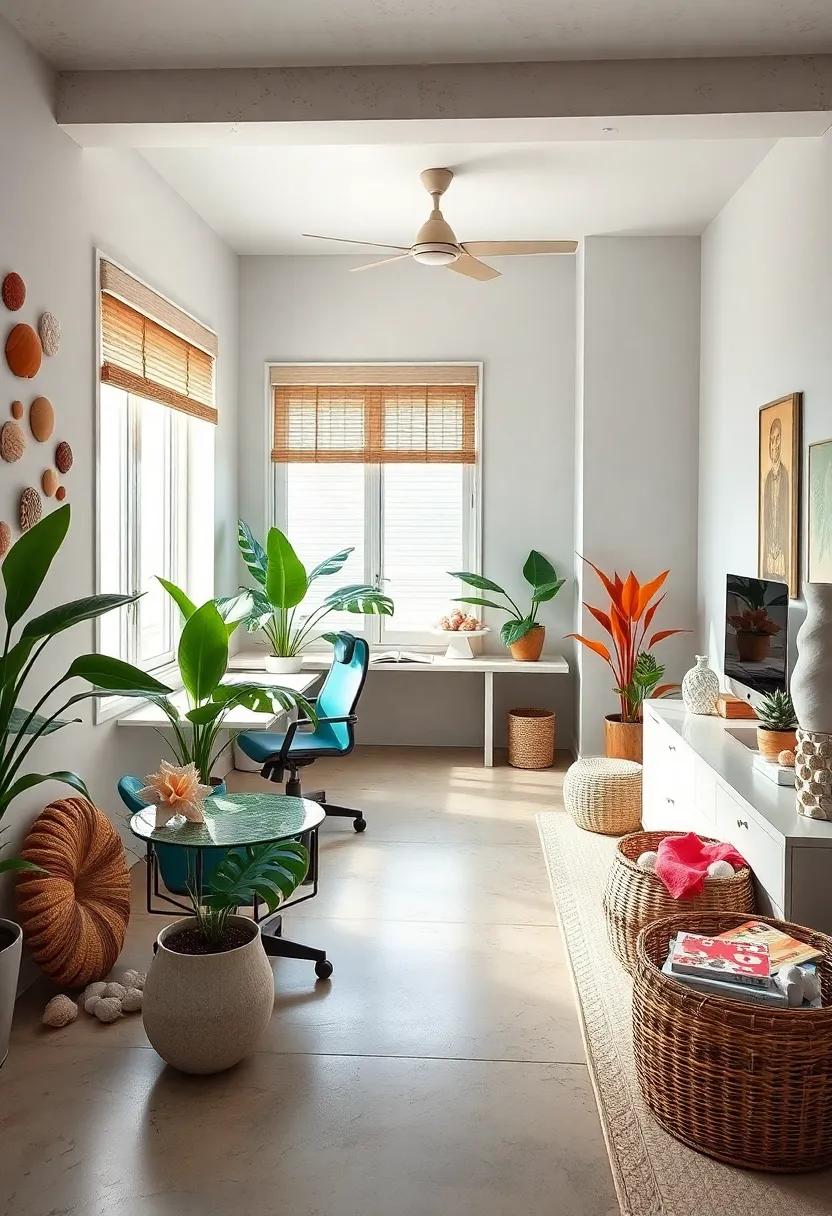 Tropical Touch: Brightly colored seashells and tropical plants ⁢come together in this vibrant office setting, creating a lively backdrop for work