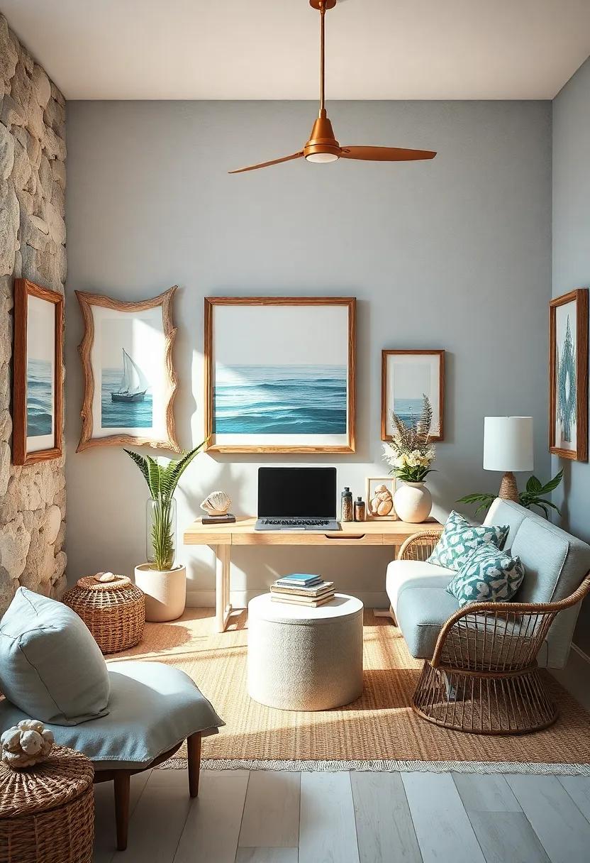 Drift Away Decor: A charming coastal office adorned with driftwood frames and seashell accents invites anyone ⁤to daydream while⁢ working