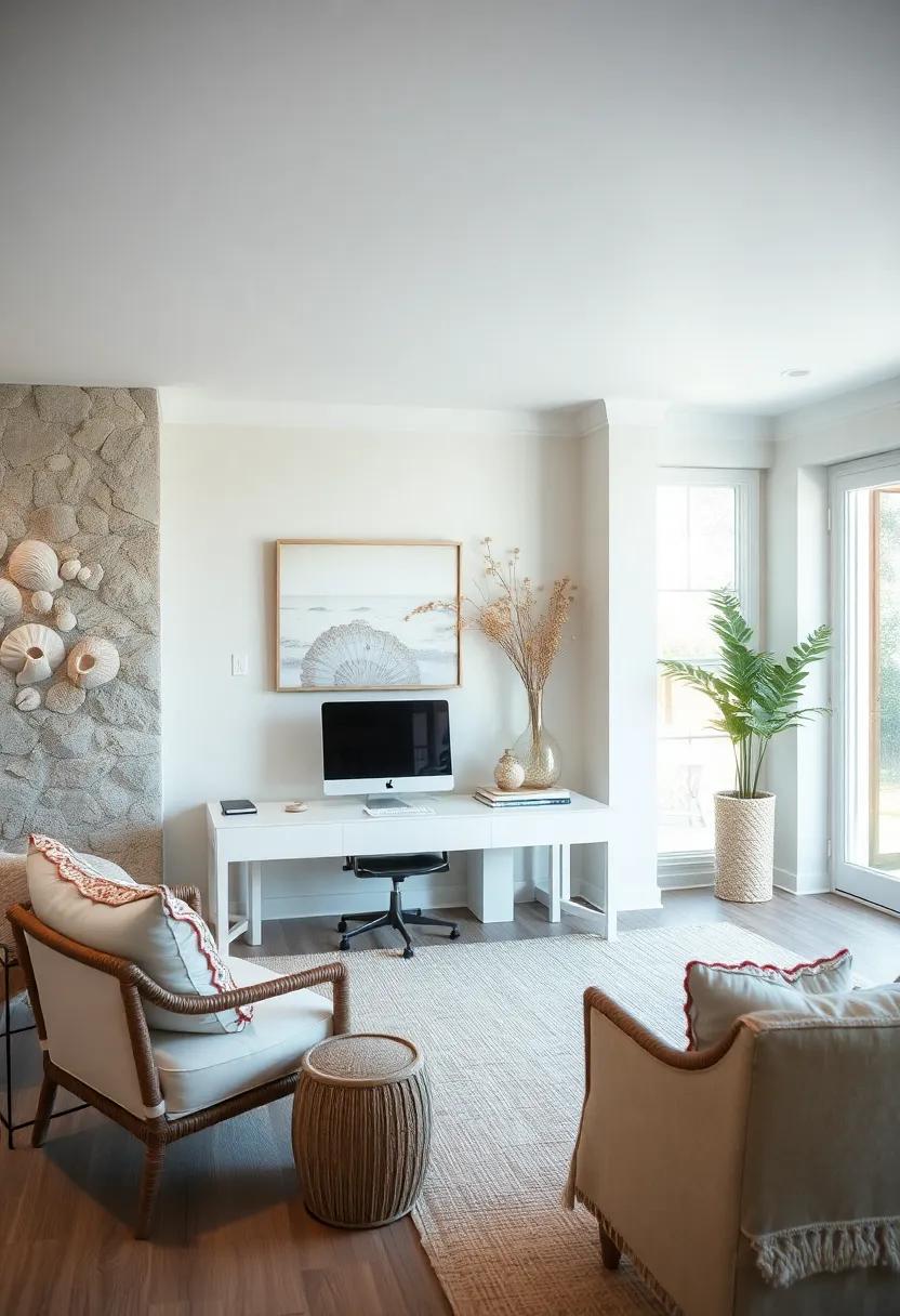 Serene⁣ Sanctuary: A soft, muted color palette paired​ with delicate⁤ seashell decor provides a calm retreat for focused work and⁣ reflection in this coastal home office