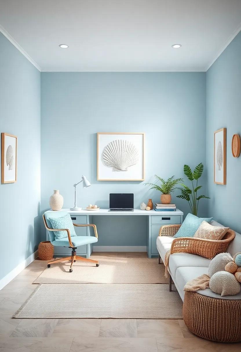 Calm Coastline: Soft blues and sandy tones fill this office, adorned with seashell artworks that evoke ⁢a sense of ​tranquility and focus