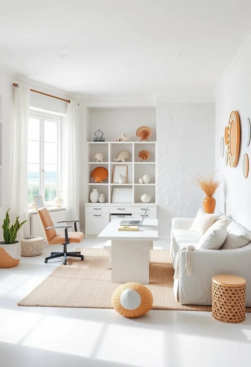 Seashell Serenity: the minimalist design ‍of this home office emphasizes a soothing white palette, complemented by carefully chosen seashell decor for hints of​ ocean life