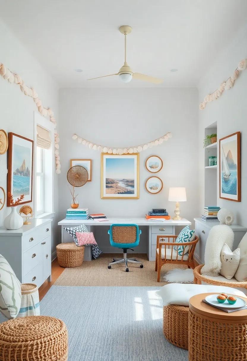 Whimsical Waves: Surrounded by seashell garlands⁢ and marine-themed prints, this office space⁣ feels ‍more like a beach cottage than a traditional workspace