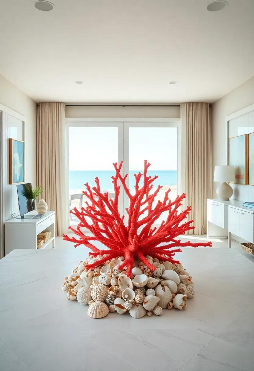 Coral Crown: A vibrant coral centerpiece surrounded by an‍ array of seashells⁣ infuses ​a playful yet⁣ professional spirit into⁤ this coastal workspace