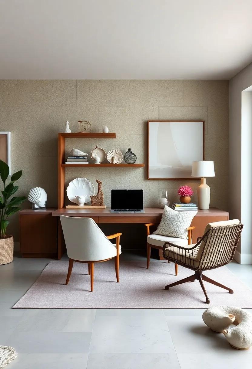 Elemental Elegance: Simple seashell and stone decor pieces bring sophistication to this home office, making ‍the⁢ space feel rooted in coastal beauty