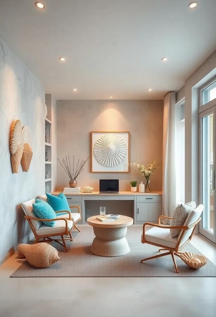 Beachy Bliss: Soft pastels and⁣ seashell ⁢motifs create a​ serene atmosphere‌ in this home office, where the gentle sound of waves ⁢can​ be almost heard