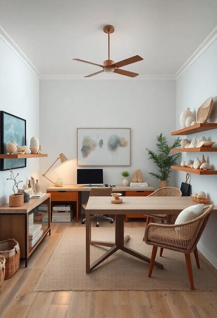 Driftwood Dreams: This office blends natural textures, with seashells resting on‍ driftwood shelves, creating an inviting space that beckons creativity