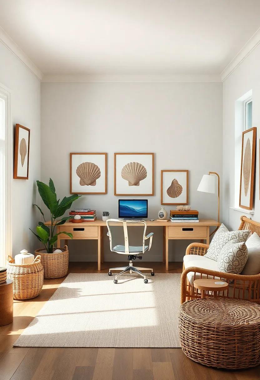 Vintage Vibe: Retro seashell⁤ prints and antiques‍ grace this ⁣home office, marrying nostalgia with modern functionality ideal for any remote⁣ worker