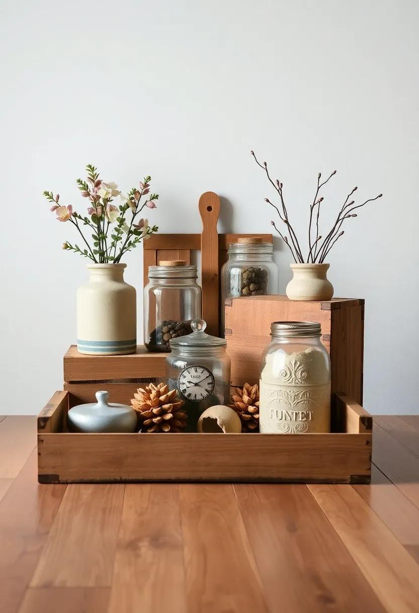 Create ⁣a rustic ‍vignette: Arrange‌ a mix of vintage ‍finds like ‌wooden crates, jars, ​and ‍country-style decor for a charming ⁢centerpiece