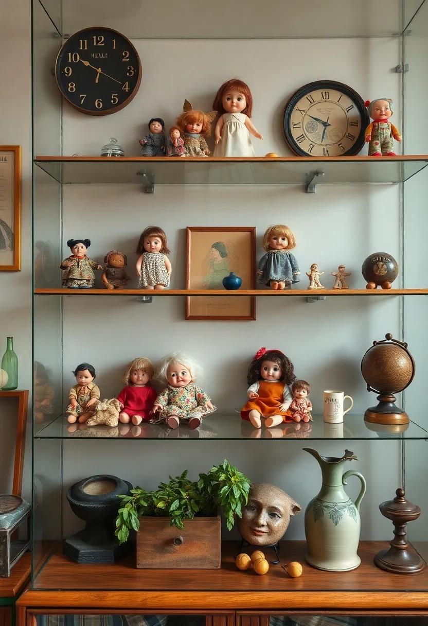 Display⁤ a collection of vintage‌ dolls: Use them ⁤as⁤ quirky decor‍ pieces on shelves​ or in glass cases to evoke childhood memories