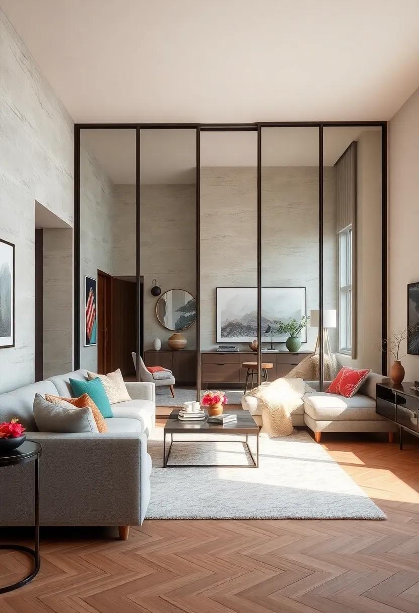 Mirrored‌ Dividers: Utilize sliding doors with mirrored surfaces to reflect light and create the illusion​ of a larger living room while adding a chic aesthetic