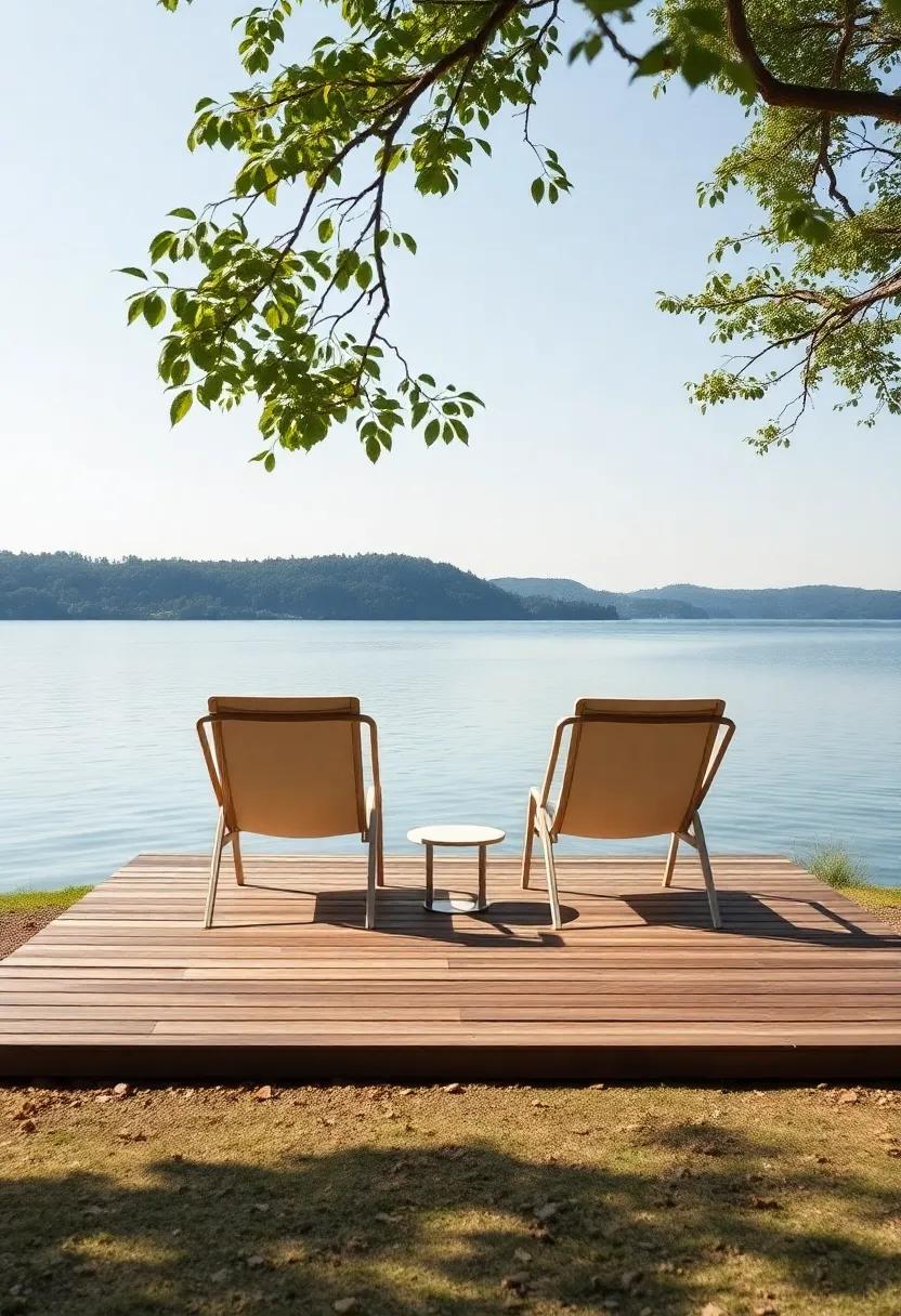 A serene lakeside retreat showcases a wooden⁤ platform paired with sleek, weather-resistant ‍lounge chairs, inviting relaxation under the gentle rustle⁣ of leaves