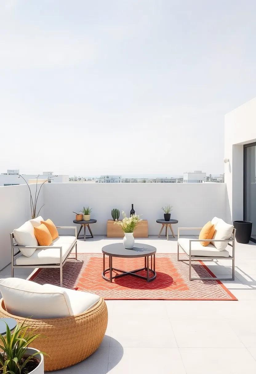 A rooftop terrace boasts an elegant outdoor rug beneath stylish side tables, providing a ‌pop of color while maintaining a clean aesthetic