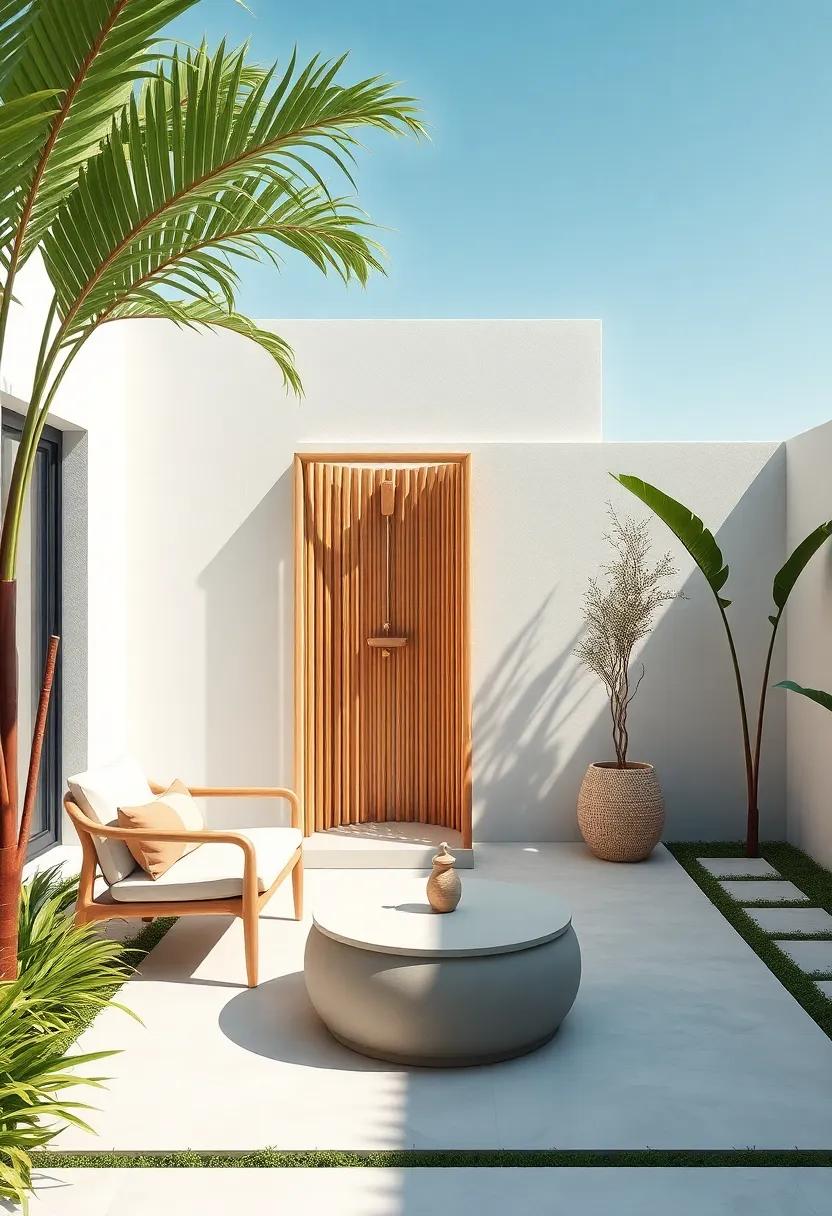 A ⁢backyard sanctuary highlights a compact outdoor shower ⁢made from bamboo, evoking a tropical‌ feel⁣ while keeping the⁢ design incredibly sleek